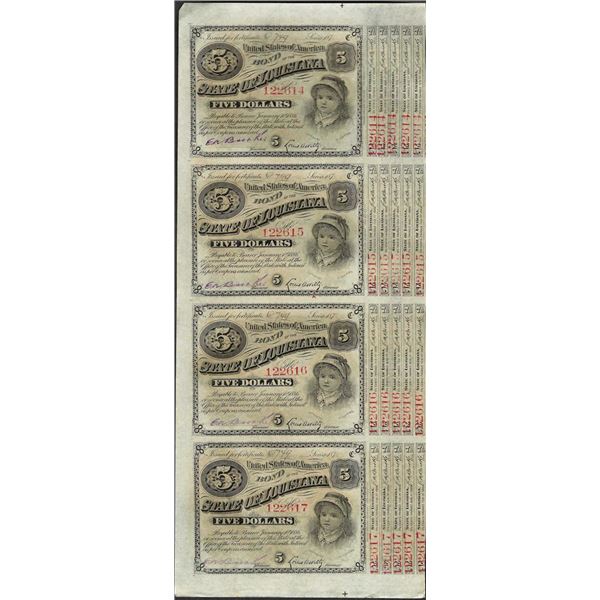Uncut Sheet of (4) State of Louisiana Baby Bond Obsolete Notes