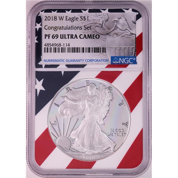 2018-W $1 Proof American Silver Eagle Coin NGC PF69 Ultra Cameo Congratulations Flag