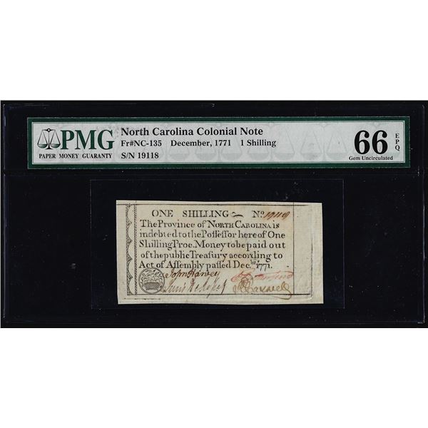 December, 1771 North Carolina 1 Shilling Colonial Currency Note PMG Gem Unc. 66EPQ