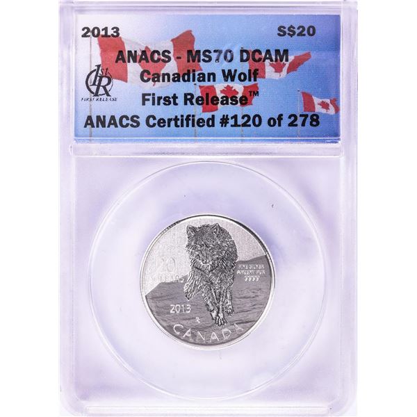 2013 $20 Canadian Wolf Silver Coin ANACS MS70 DCAM First Release
