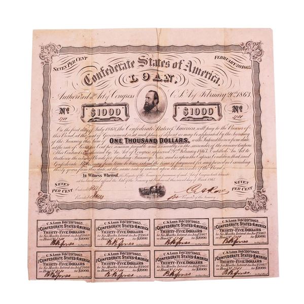 1863 $1,000 Confederate Bond Obsolete Sheet Printed on Dark Pink Paper B-241