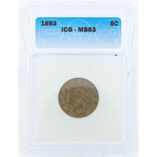 1892 Liberty Head Nickel Coin ICG MS63