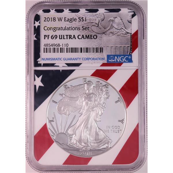 2018-W $1 Proof American Silver Eagle Coin NGC PF69 Ultra Cameo Congratulations Flag