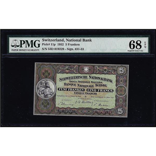1952 Switzerland 5 Franken Note Pick# 11p PMG Superb Gem Uncirculated 68EPQ