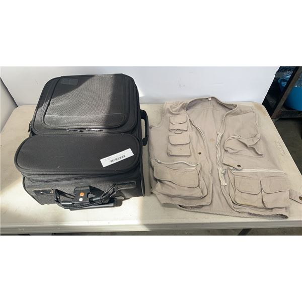 SIZE SMALL FISHING VEST AND BLACK LUGGAGE BAG