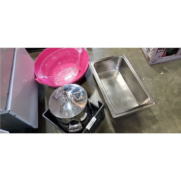 Metal coffee dispenser, plastic tubs and 2 stainless tubs