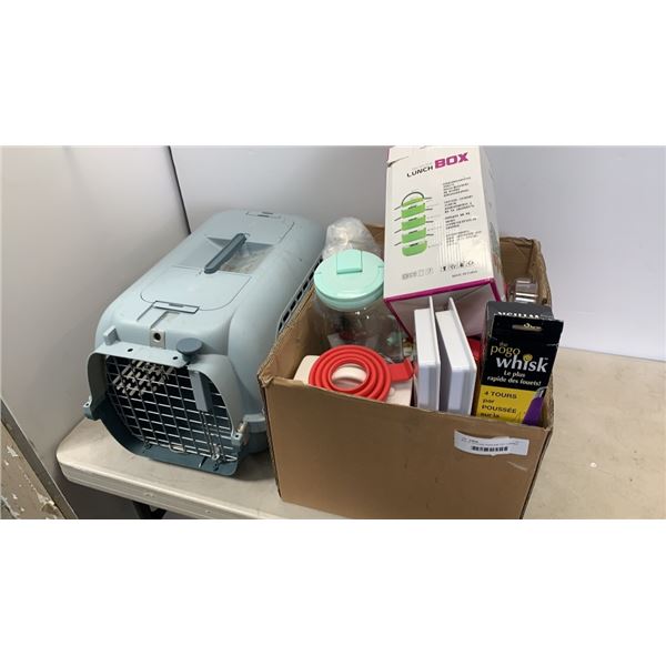 BOX OF KITCHEN ITEMS AND CAT CARRIER