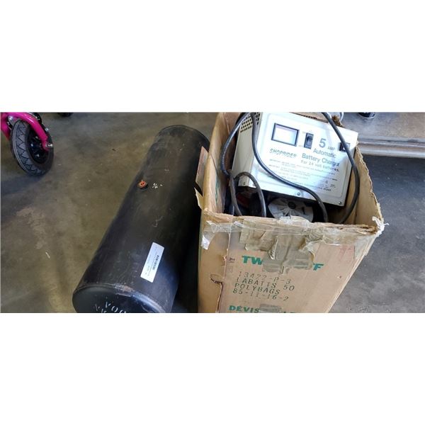 Box of cartwheels with shoprider 24 volt battery charger and metal cylinder