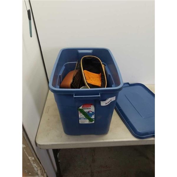 TOTE OF CAMP ITEMS FISHING NET, COOKWARE AND BIN OF TOOLS