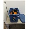 Image 1 : TOTE OF CAMP ITEMS FISHING NET, COOKWARE AND BIN OF TOOLS