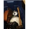 Image 3 : TOTE OF CAMP ITEMS FISHING NET, COOKWARE AND BIN OF TOOLS