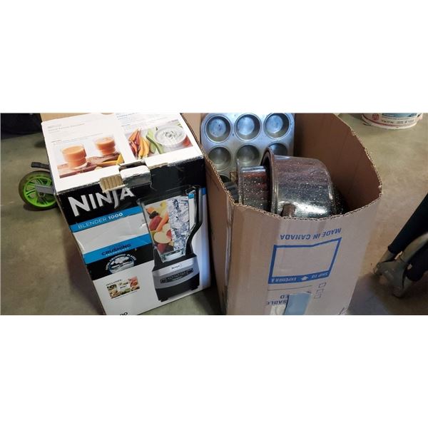 Ninja blender working no lid And Box of bakeware