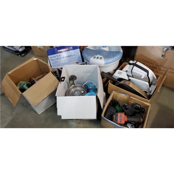 Three boxes of tools, juicer, digital scale and more