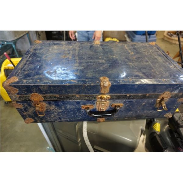 Metal trunk of vintage collectibles and tray of painting supplies