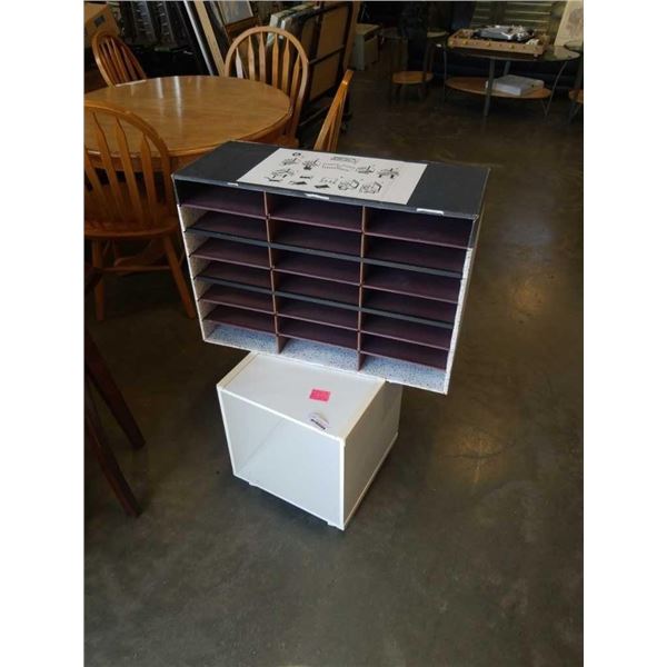 CARDBOARD FILE SHELF AND CUBIC WHITE ROLLING SIDE TABLE