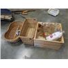 Image 1 : 2 wicker baskets and wood crate of vintage milk bottles