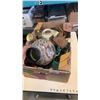 Image 1 : BOX OF VASES, COLLECTABLES, VINTAGE LAMP, WOOD BOX, KIDS COWBOY REVOLVER TOYS