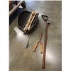 Image 1 : Vintage log holder with decorative pile of logs antique tool and pruner