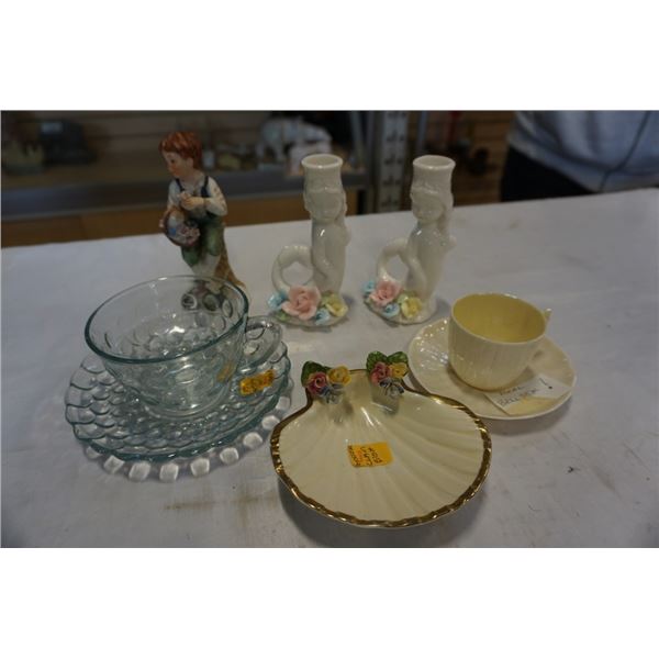 BELLEEK CUP AND SAUCER, GRUNDA DUTCH CUP AND SAUCER, 2 CANDLE HOLDER FIGURES, OYSTER CLAM DISH AND