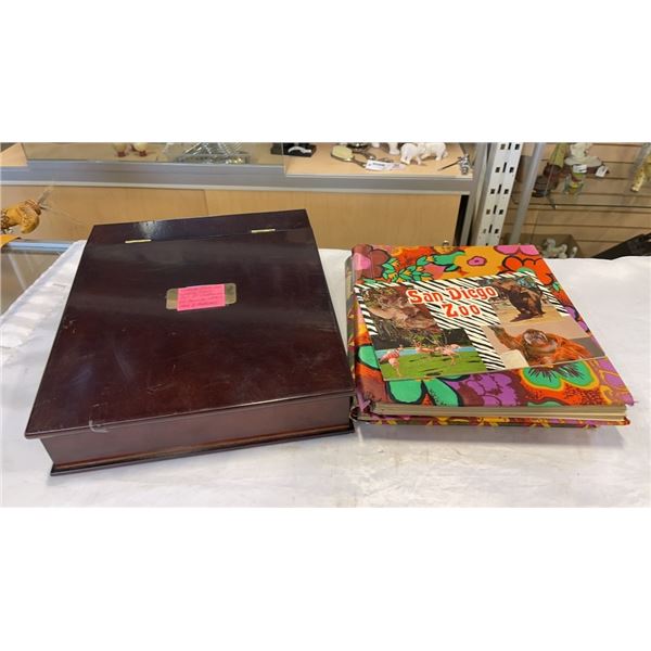 VINTAGE STYLE LAP WRITING DESK W/ POSTCARDS AND PHOTO ALBUMS