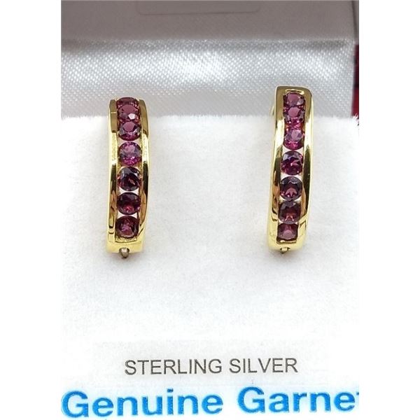 STERLING SILVER 10KT GOLD PLATED HOOPS SET W/ 14 NATURAL ALMONDITE GARNETS W/ APPRAISAL $860