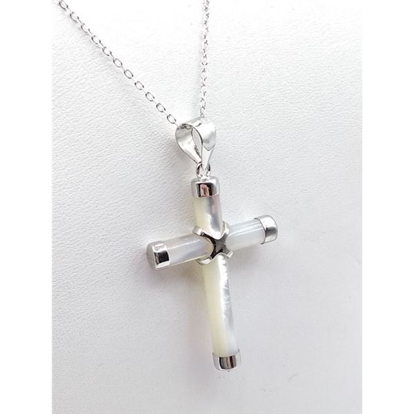 STERLING SILVER MOTHER OF PEARL CROSS W/ STERLING CHAIN W/ APPRAISAL $600