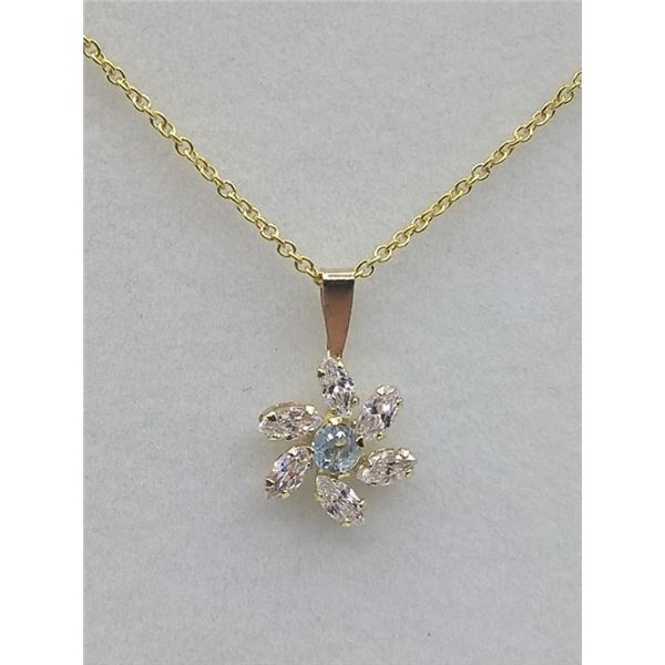 10KT YELLOW PENDANT W/ STERLING SILVER GOLD PLATED CHAIN SET W/ AQUAMARINE GEMSTONE AND CZ W/ APPRAI