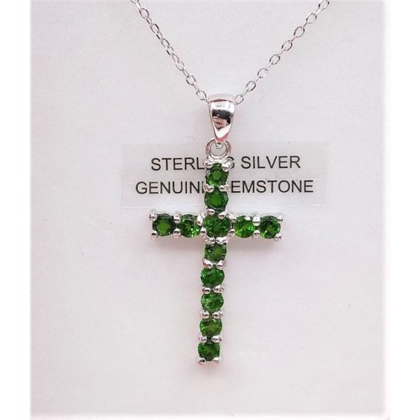 STERLING SILVER CROSS SET W/ CHROME DIOPSIDE GEMSTONES W/ SILVER CHAIN W/ APPRAISAL $980