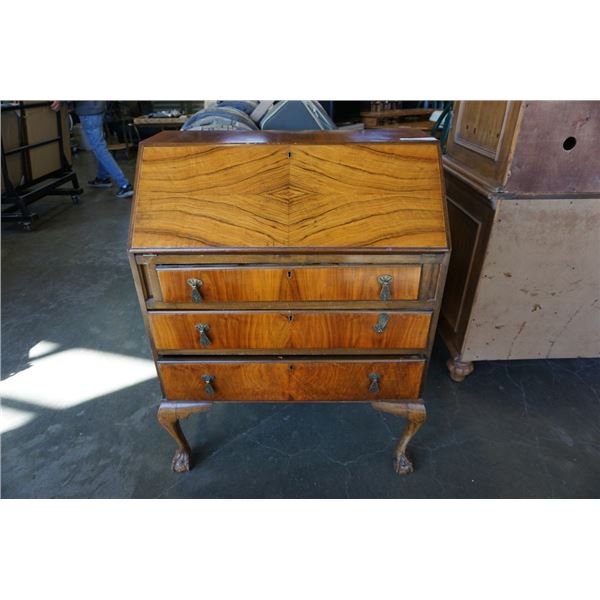 Antique clawfoot drop front desk - 30 inches wide x 17 deep x 39 tall