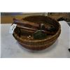 Image 1 : WOVEN BASKET, DECORATIVE STONE BLADE WEAPON AND GLASS ART