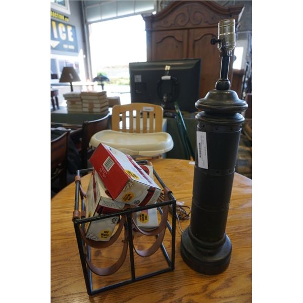 Metal and leather wine rack and leather lamp with bulbs