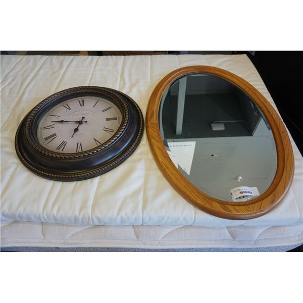 OAK FRAMED OVAL MIRROR AND CLOCK