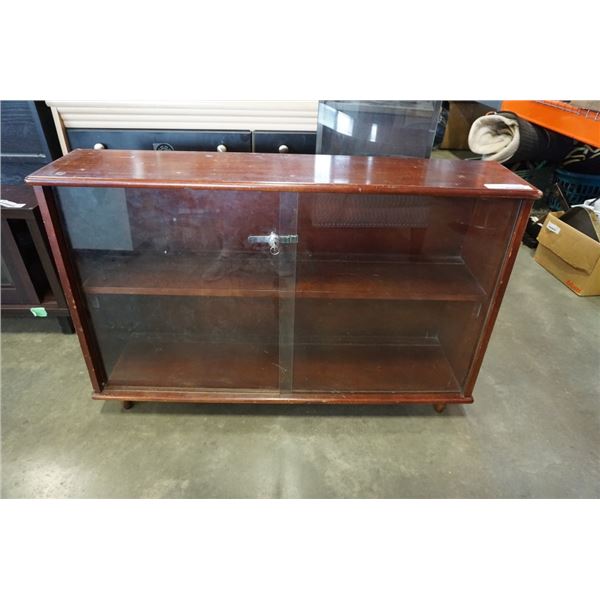 Brown wooden glass door display case with door lock and key 44"L x 28"H X 12"D