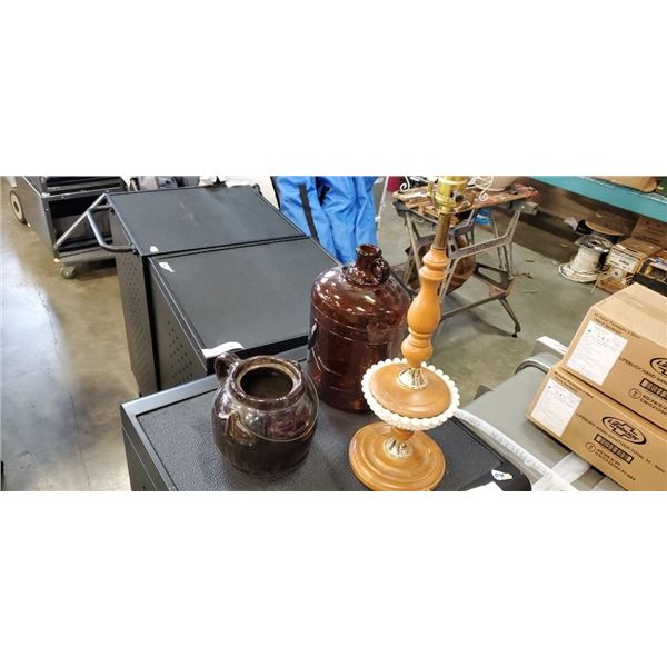 Vintage wooden  Lamp with  Glass jug and clay pot