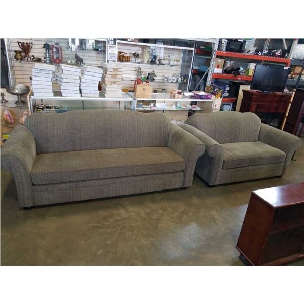 GREEN UPHOLSTERED STYLUS SOFA AND LOVESEAT - sofa 90 inches wide, loveseat 68 inches wide