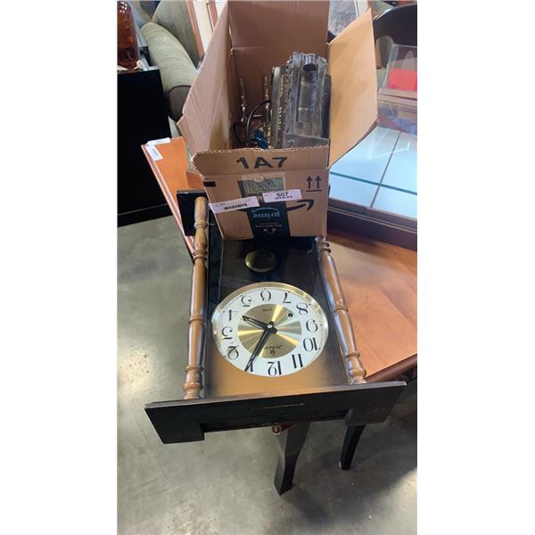 WALL CLOCK AND BOX OF COLLECTIBLES