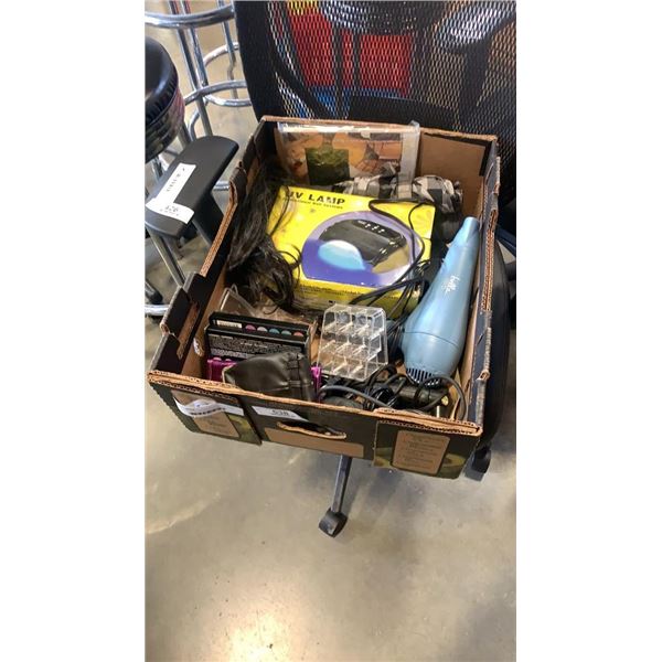 TRAY OF HAIR STRAIGHTENERS, CURLERS, MAKEUP, BLOWDRIER, NAIL SALON UV LAMP