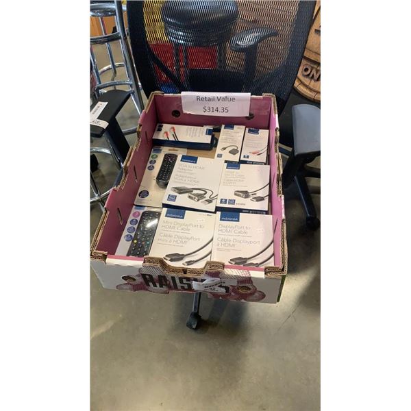 TRAY OF AV ADAPTERS, CABLES AND UNIVERSAL REMOTES