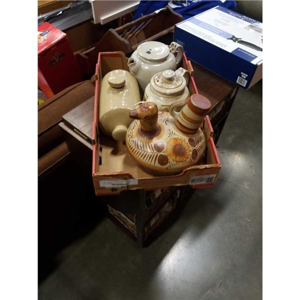 Tray of pottery teapots and more