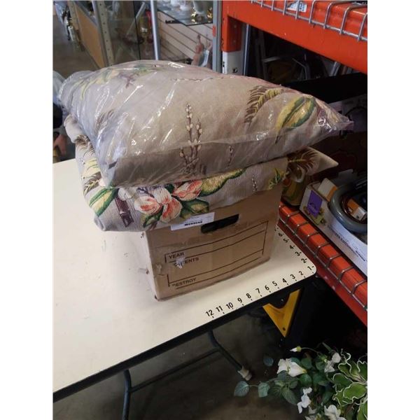 Box of leather shoes and two large curtains