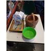 Image 1 : Wicker vanity mirror, wicker baskets German bowl and pictures