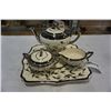 Image 1 : OLD SILVER LUSTRE SILVER OVERLAY HAND PAINTED CHINA TEAPOT, CRAM AND SUGAR AND PLATTER