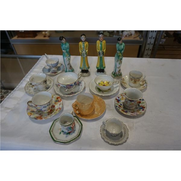 TRAY OF OCCUPIED JAPAN CHINA CUPS AND SAUCERS AND FIGURES