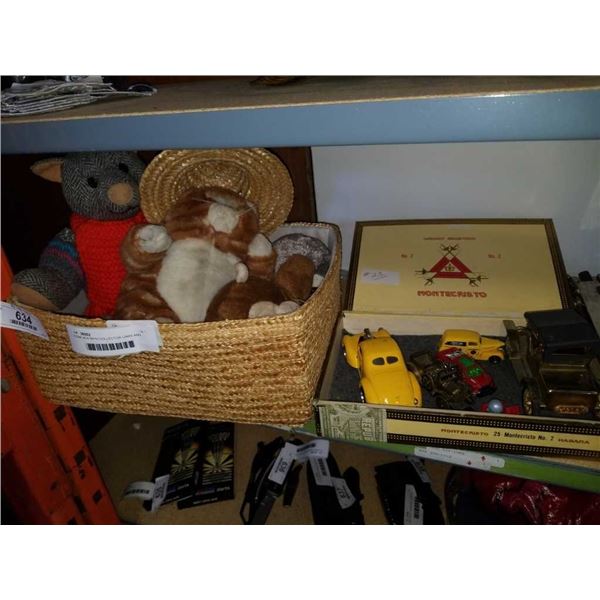 CIGAR BOX WITH COLLECTOR CARS AND LOT OF STUFFED ANIMALS