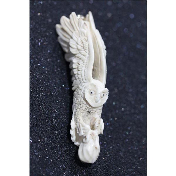 Hand Carved Antler 3D Owl Pendant