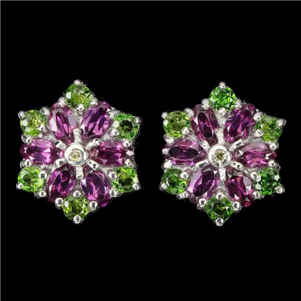 Natural Rhodolite, Chrome Diopside, & Sapphire Earrings