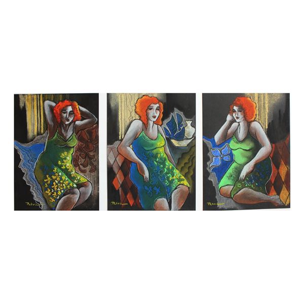 Patricia Govezensky- Original pastel color on paper "Green Floral Dress"