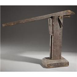 PRIMITIVE WAGON JACK: Wood and iron; internal l