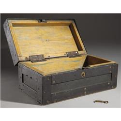 IRON STRONG BOX Vintage wood lined box with bras