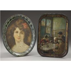 TWO TIN SALOON SERVING TRAYS: a)A great tray wit